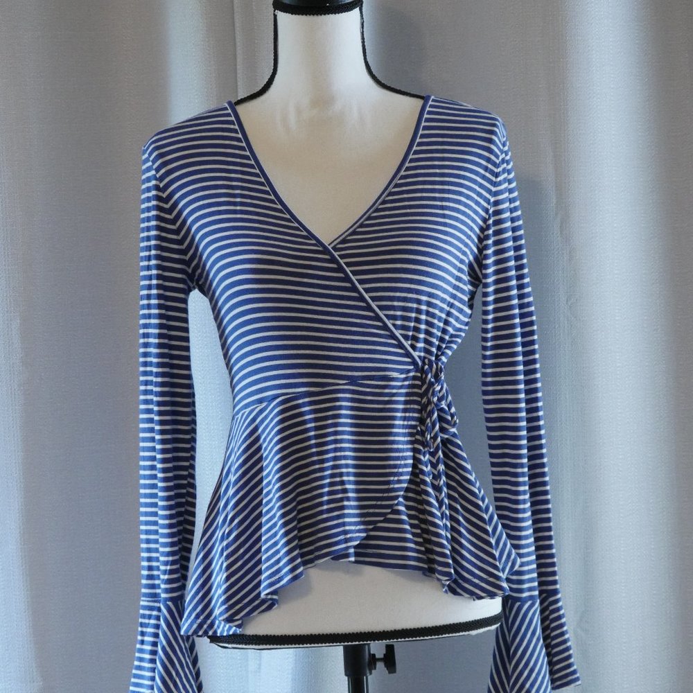 Good Luck Gem Blue & White Striped Peplum Wrap Blouse Size M